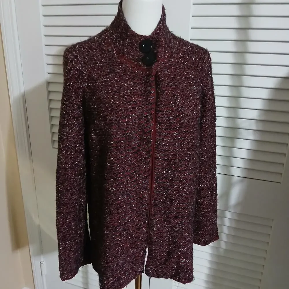 Karen Scott Med Maroon/Brown/White 2-Button Long-Sleeved Cardigan Sweater